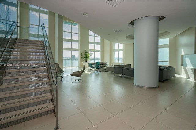 building lobby featuring a water view