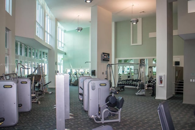 exercise room featuring a towering ceiling and dark colored carpet