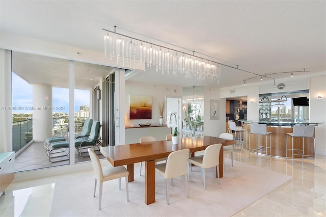 dining area with a textured ceiling and track lighting