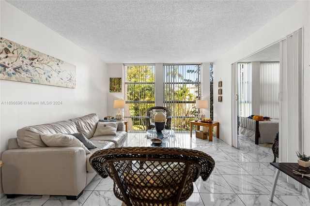 living room featuring a textured ceiling