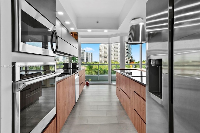 kitchen with stainless steel appliances and a tray ceiling