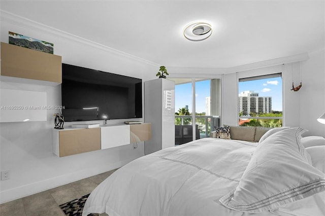 tiled bedroom featuring ornamental molding