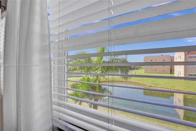 interior space with a water view