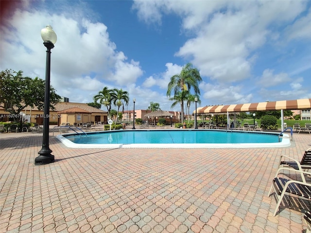 view of swimming pool featuring a patio area