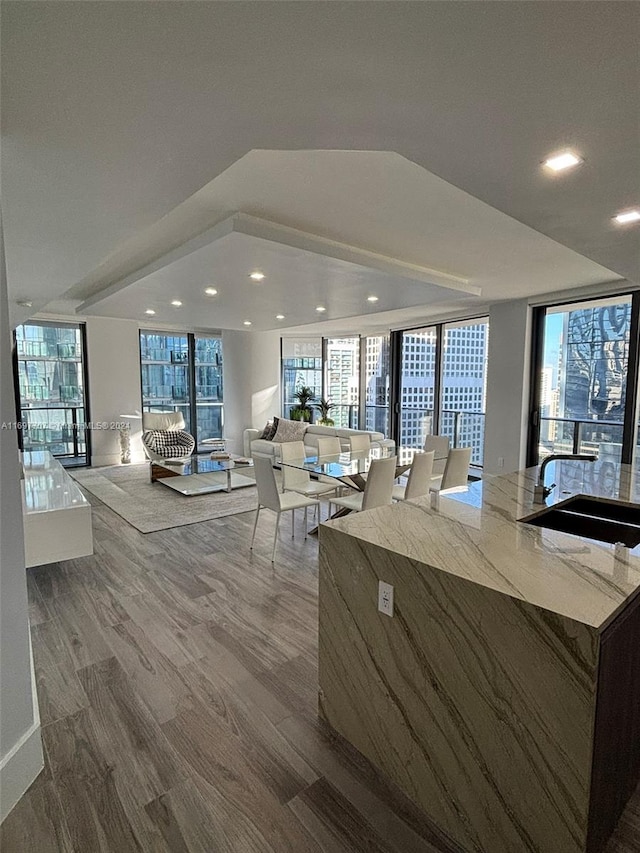 kitchen with light stone counters, expansive windows, and wood-type flooring