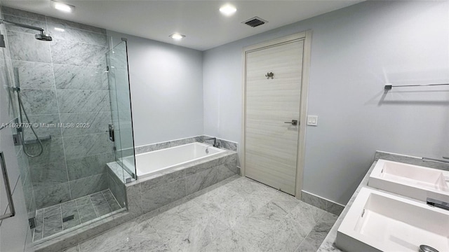 801 S Miami Ave Unit 3205/04, Miami, FL 33130 - bathroom featuring a bath, visible vents, a shower stall, marble finish floor, and vanity