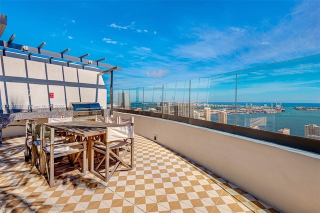 view of patio / terrace with area for grilling and a water view