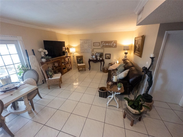 tiled living room featuring ornamental molding