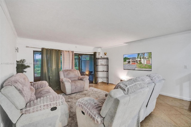 tiled living room featuring a textured ceiling and crown molding