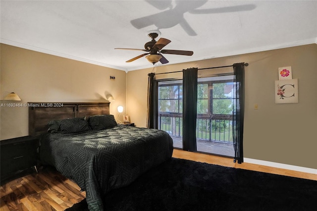 bedroom with wood-type flooring, access to outside, ceiling fan, and ornamental molding