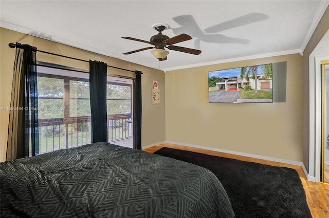 bedroom with access to outside, ceiling fan, crown molding, and wood-type flooring