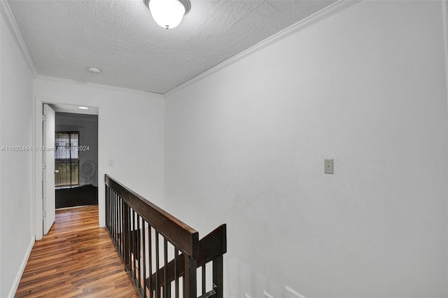 corridor featuring ornamental molding, a textured ceiling, and dark wood-type flooring