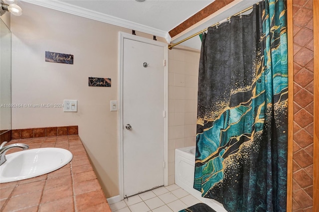 bathroom featuring tile patterned floors, crown molding, shower / bathtub combination with curtain, and sink