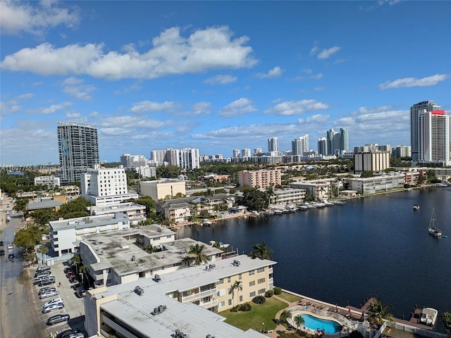 exterior space with a water view