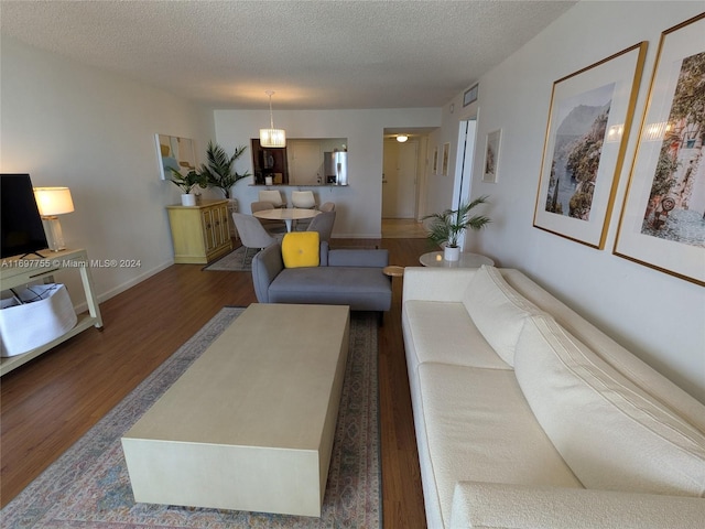 living room with a textured ceiling and dark hardwood / wood-style flooring