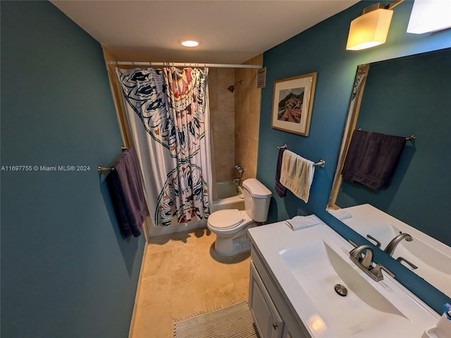 full bathroom with toilet, vanity, tile patterned floors, and shower / bathtub combination with curtain