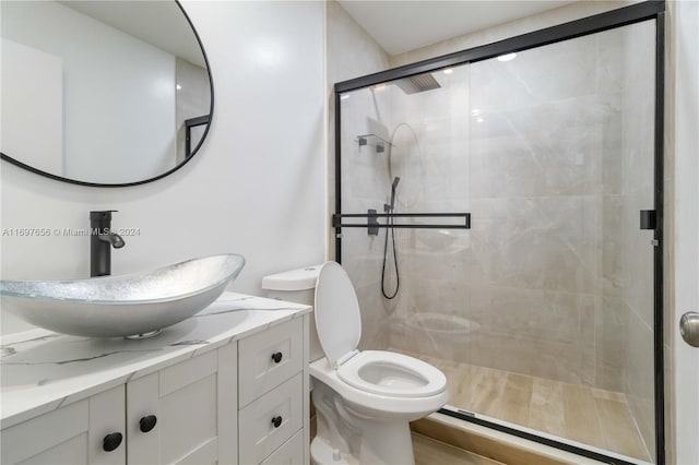 bathroom featuring vanity, toilet, and a shower with door