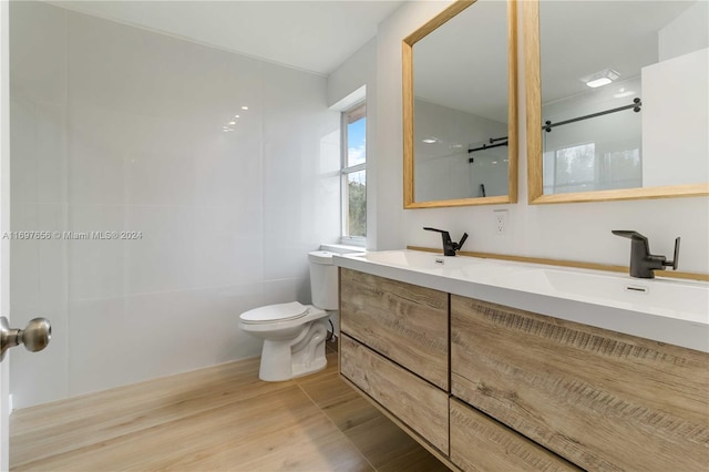 bathroom with hardwood / wood-style floors, vanity, and toilet