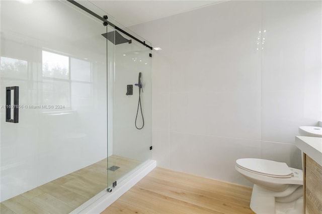 bathroom with wood-type flooring, vanity, toilet, and a shower with shower door