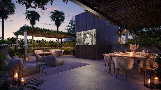 patio terrace at dusk with an outdoor hangout area