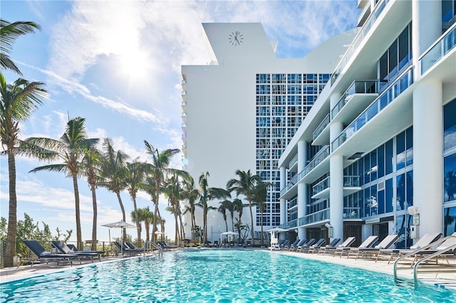 view of swimming pool with a patio area