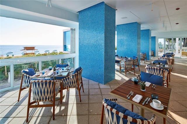 dining area with a water view