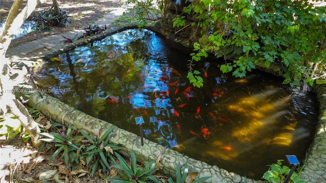 exterior details featuring a garden pond