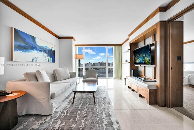 living room featuring floor to ceiling windows and crown molding