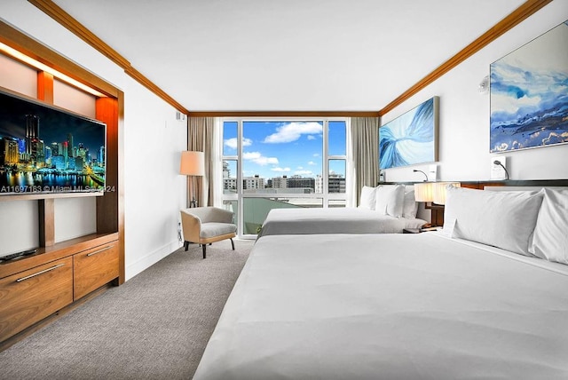 bedroom featuring light carpet and ornamental molding