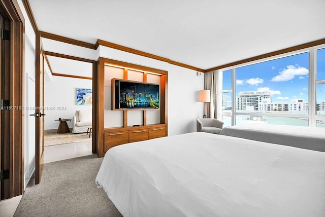 bedroom featuring carpet floors, multiple windows, and ornamental molding