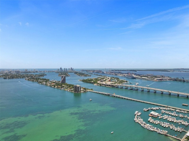 drone / aerial view featuring a water view