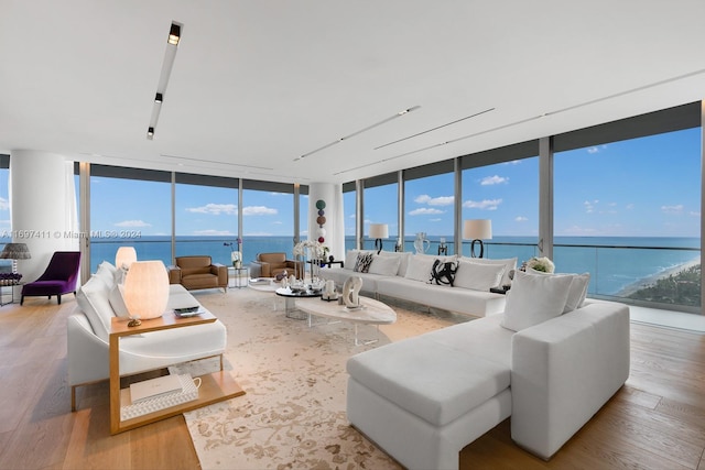 living room featuring a water view, light hardwood / wood-style flooring, and floor to ceiling windows