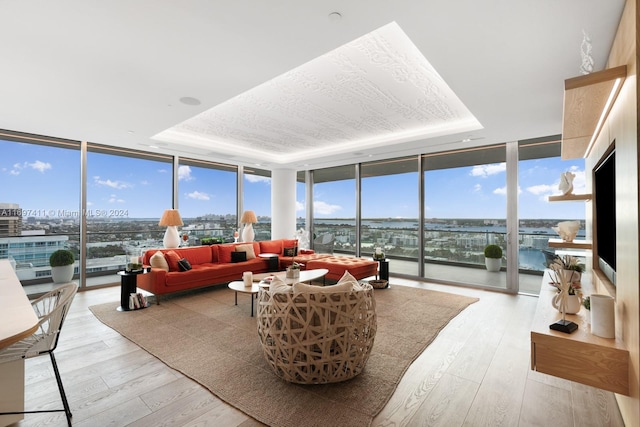 sunroom featuring a tray ceiling and a wealth of natural light