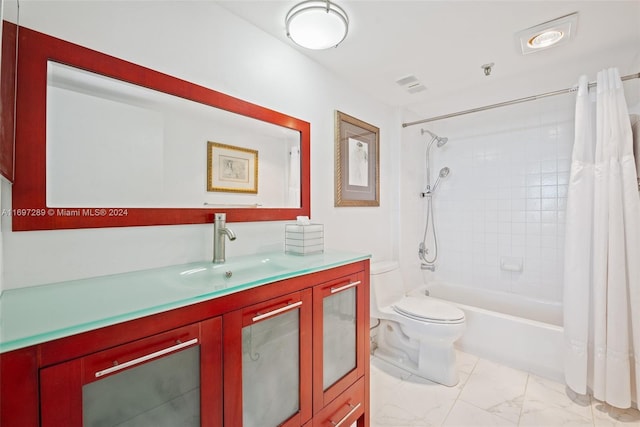 full bathroom with vanity, toilet, and shower / bathtub combination with curtain