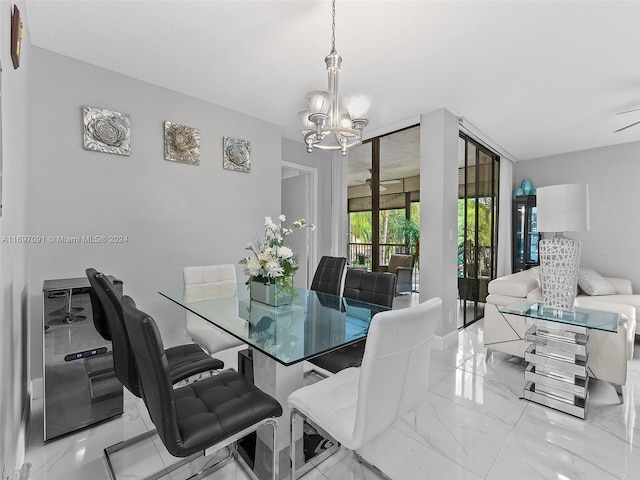 dining area with ceiling fan with notable chandelier