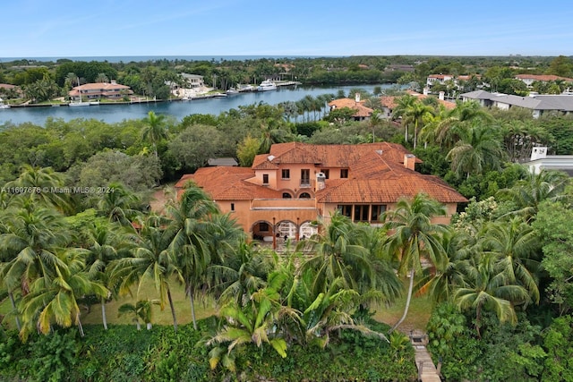 drone / aerial view with a water view