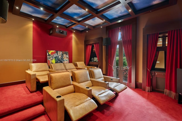 carpeted cinema room with beam ceiling and coffered ceiling