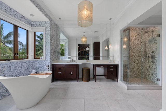 bathroom featuring plus walk in shower, vanity, a wealth of natural light, and crown molding