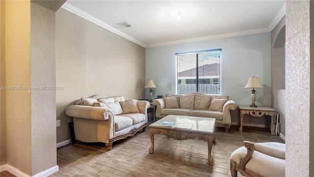 living room featuring crown molding and hardwood / wood-style flooring