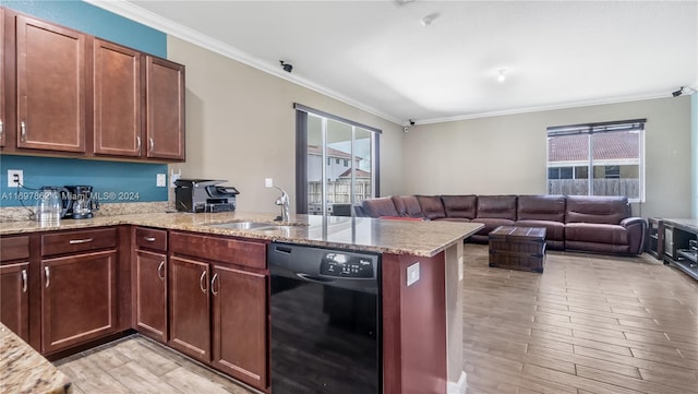 kitchen with dishwasher, light wood-type flooring, kitchen peninsula, and crown molding