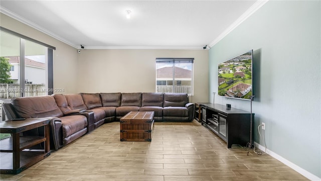 living room featuring crown molding and light hardwood / wood-style flooring