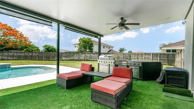 exterior space featuring ceiling fan, a fenced in pool, and a patio