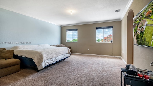 bedroom with carpet floors and crown molding