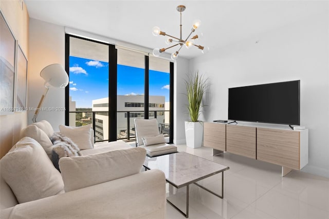 tiled living room featuring floor to ceiling windows and a notable chandelier