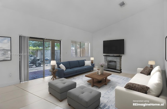 tiled living room featuring a fireplace and high vaulted ceiling