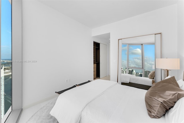 bedroom with access to outside, a closet, and light colored carpet