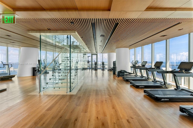 workout area with a healthy amount of sunlight, wood-type flooring, and wooden ceiling