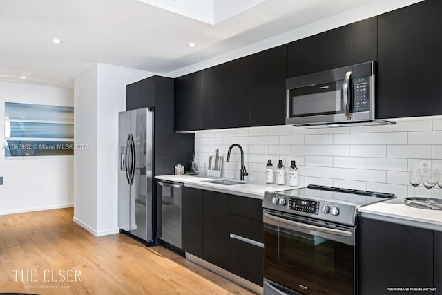 kitchen with backsplash, sink, light wood-type flooring, and stainless steel appliances