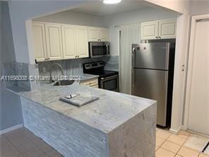 kitchen featuring kitchen peninsula, stainless steel appliances, and white cabinets