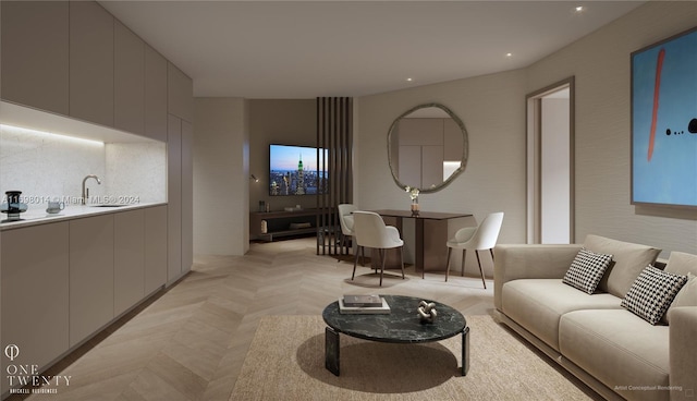 living room featuring sink and light parquet floors